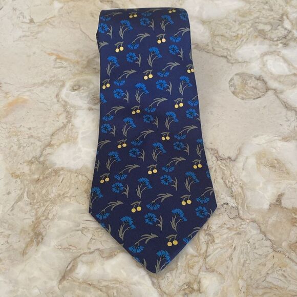 Hermes 100% Silk Tie Floral Blue Dianthus - Picture 5 of 12